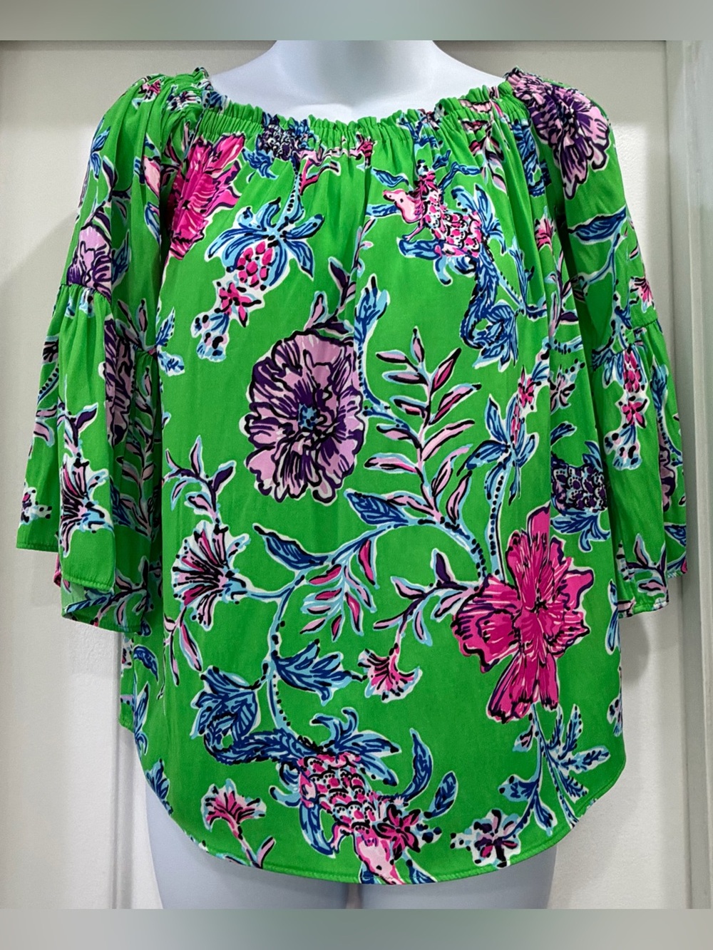 Lilly Pulitzer Nevie Top Blouse Brewsters Blooms Flounced Sleeves Off Shoulder